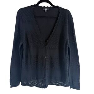 Frye Black Pointelle Knit Cardigan XL Scalloped Button Front Coquette Whimsygoth